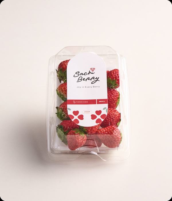 Sachi Berry strawberries in a branded pack with a hang tag